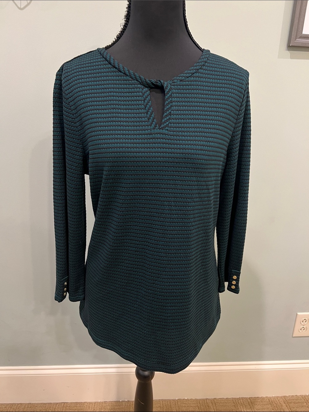 Forest Green 3/4 Sleeve Knit Top with Keyhole Neck